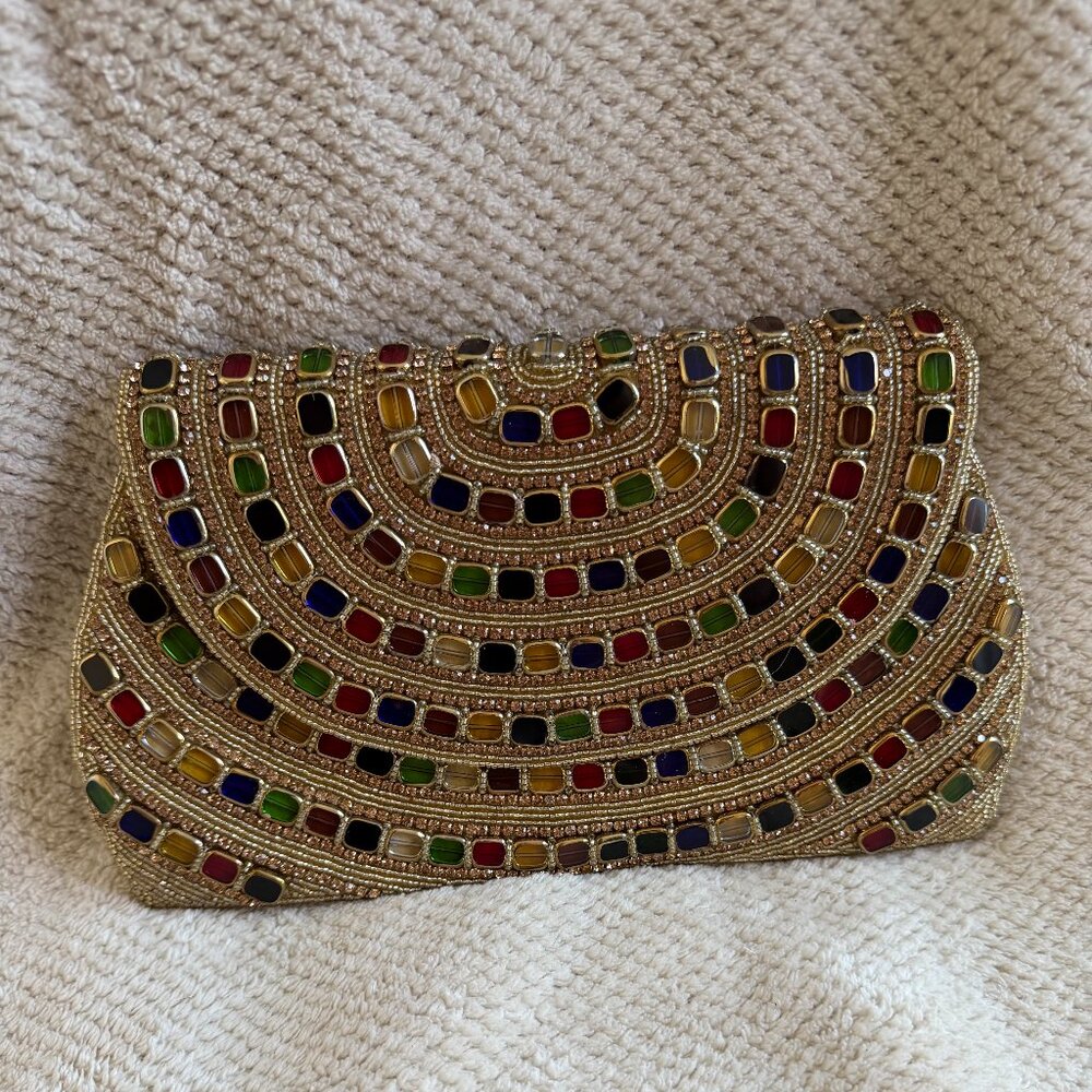 Jeweled & Beaded Clutch, Evening Bag - Gold/Multicolor